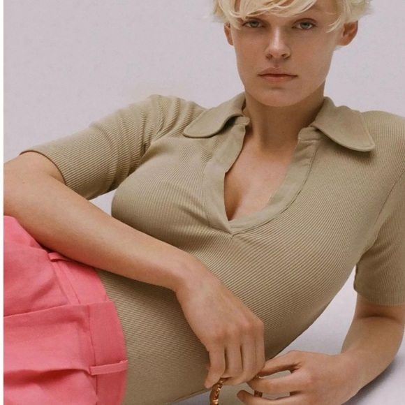 Citizens of Humanity Tan AFFOGATO Liu Rib Knit Polo Bodysuit Size Small - Picture 3 of 6